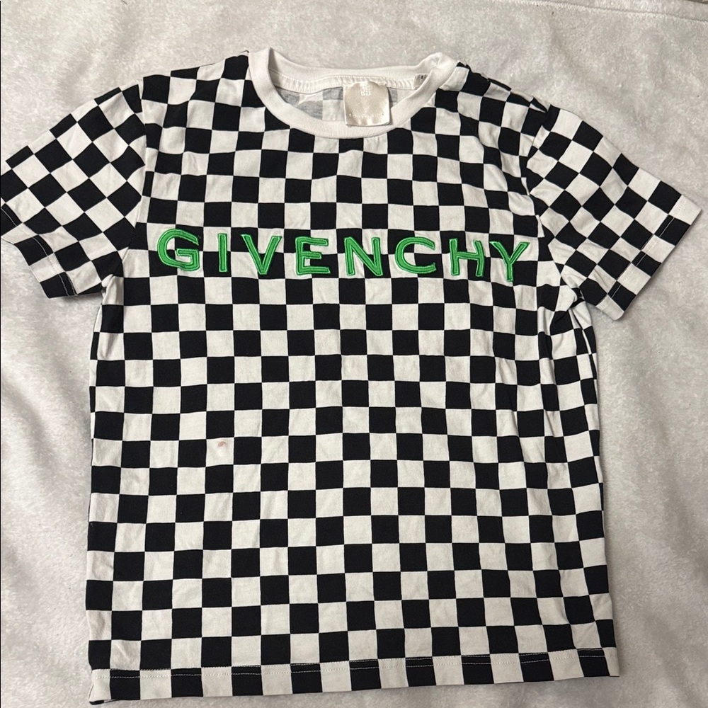 Givenchy Kids Black and White Checkered Tee with Green Logo